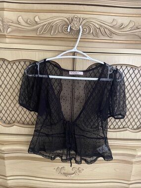 Blue Blush Sheer Black Lace Tie-Front Crop Top